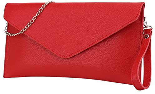 SH Leder Echtleder Clutch Umhängetasche kleine Tasche elegant Abendtasche in genarbt Rindleder mit Tragkette 31,5x16,5cm Saya G369 (Rot)