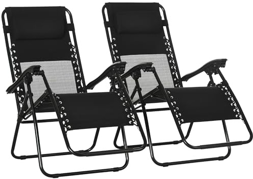 Outsunny Garden Recliner Chairs Set of 2, Outdoor Foldable Zero Gravity Chairs Set w/Footstool and Detachable Headrest, Black