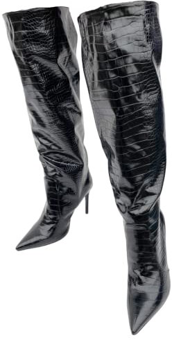 Frankie Hsu Fashion Designer Sexy Donne Uomini Grande Grande Formato Nero Coccodrillo Vernice Tacchi A spillo Alto Vitello Stivali Lunghi US4-14, nero, 42.5 EU