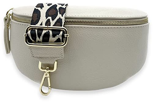 Bauchtasche mit breitem Wechselgurt Damen Gold, Leder Crossbody Bag mit breitem Gurt, Gürteltasche, Brusttasche, Bum Bag (Beige Leopard)