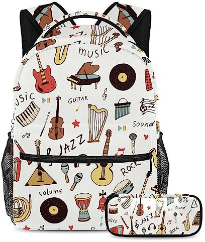 Schulranzen-Set für Teenager, Mädchen, Jungen, Kinder, Studenten-Büchertasche, Rucksack mit Federmäppchen Saxophon-Trommel, Akkordeon-Klavierinstrument