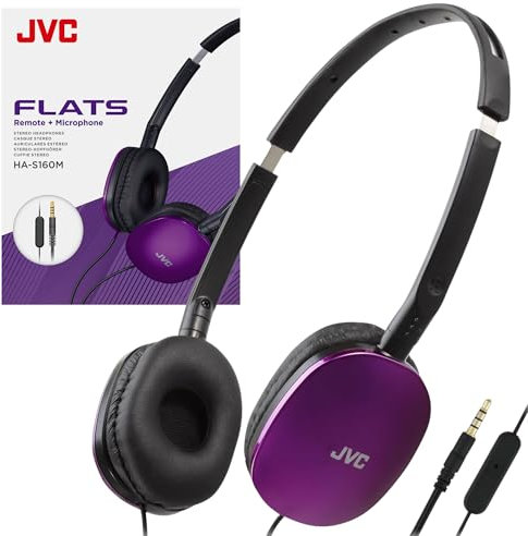 JVC Violet Flat Foldable Colorful Flats On Ear Headphones with Remote and Microphone, 3.94 Foot Gold Plated 3.5mm Slim Plug - HAS160MV