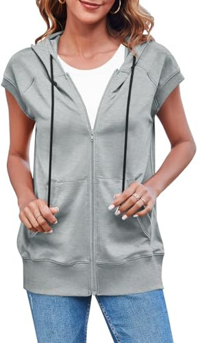 Fisoew Ärmellose Damen-Kapuzenpullover mit Reißverschluss, lockere Passform, Kordelzug, Sweatshirts, leichte Jacke, Weste mit Taschen, GRAU, XXL