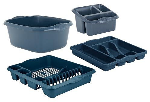 M1SS (Set of 4) - Plastic Large Kitchen Sink 39 cm Rectangular Washing Up Bowl, Sink Tidy, Large Dish Drainer And 5 Compartment Cutlery Tray (Navy Blue)