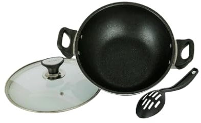 UWEVO Non-Stick Deep Frying Pan Wok – Aluminium Stir Fry Pan with Glass Lid – Induction Base – 30cm Cooking Wok for Gas, Electric & Ceramic Hobs – Lightweight & Easy to Clean