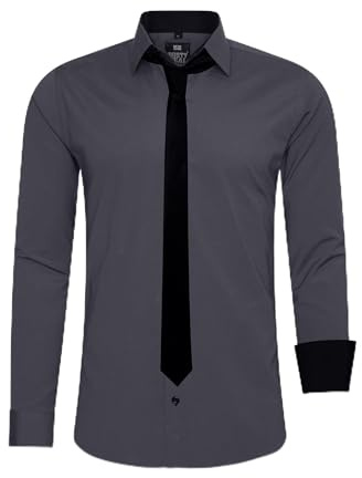 Rusty Neal Herren-Hemd Premium Slim Fit Langarm Stretch Kontrast Hemd mit Krawatte Business-Hemden Outfit Freizeithemd Set 44_99