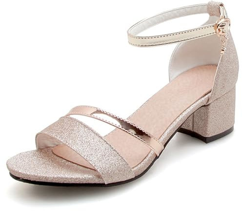 OALEEN Sandales Femme Eté Petit Talon Carré Bride Cheville Nu-pieds Paillettes Chaussures Ouverte Soirée Mariage Doré 44