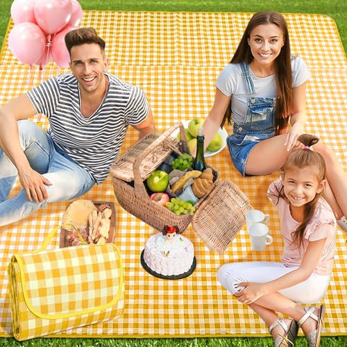 FFTANXS Manta Picnic Impermeable 200 x 200 Cm,Manta Picnic Plegable con Asa,Manta de Picnic Ideal para Playa,Barbacoa,Pícnic,Senderismo, Viajes,Camping,Esterilla Playa para 4-6 Personas(Amarillo)