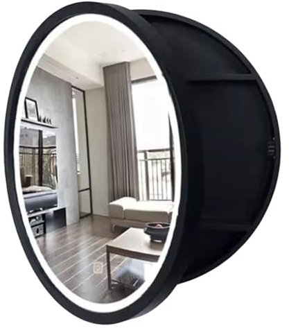 Runder Badezimmerspiegelschrank Mit LED-Leuchten Badezimmerspiegel Zur Wandmontage – Runder Spiegel Mit 50/60/70 cm Durchmesser Beleuchteter Badezimmerspiegelschrank (Color : Schwarz, S : 60 * 60cm)