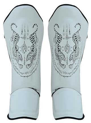 Playwell Muay Thai Schienbeinschoner Twin Tiger, matt, Weiß, 1 Paar (XL)