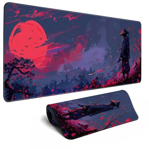 Japanese Gaming Samurai Red Large Gaming Mouse Pad Keyboard Desk Pad Extended Mouse Pad Gaming Office Decor, Pc Laptop Mouse Pads Large (31.5x11.8 in) with Stitched Eges Non-Slip Base Mousepad XL