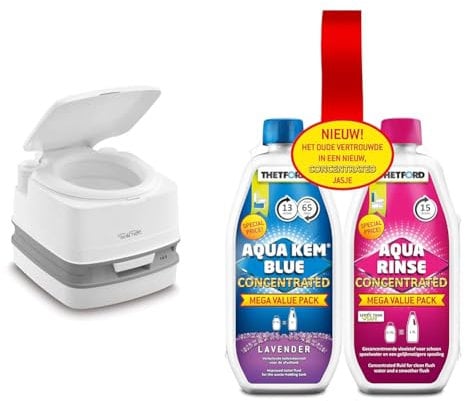 Thetford 92802 Porta Potti 145 Portable Toilet, White-Grey, 330 x 383 x 427 mm & 30459CO Toilet Fluid and Rinse Concentrate Duo Pack, Blue & Pink, 1.53 litre