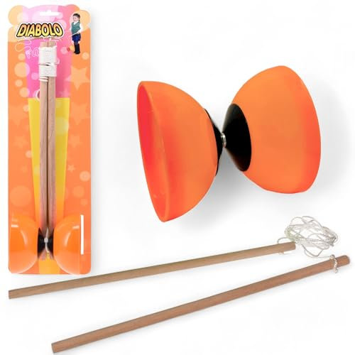 MIJOMA Diabolo Kit de jonglerie - 2 baguettes en bois et diabolo en plastique souple - Jeu de plein air compact pour enfants et adultes - Parfait pour la coordination et la dextérité (orange)