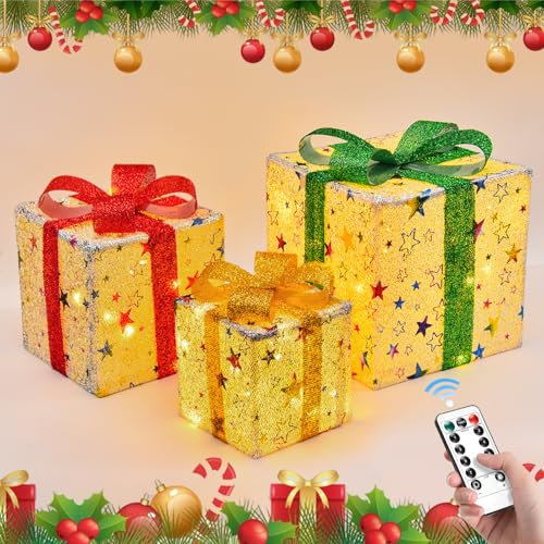 JONRRYIN Set di 3 Scatole Regalo Illuminate di Natale, Pacco Regalo Luminoso Natale con 50 LED, Telecomando, 8 Modalità di Illuminazione, per Esterni Interni Albero di Natale (3PCS)