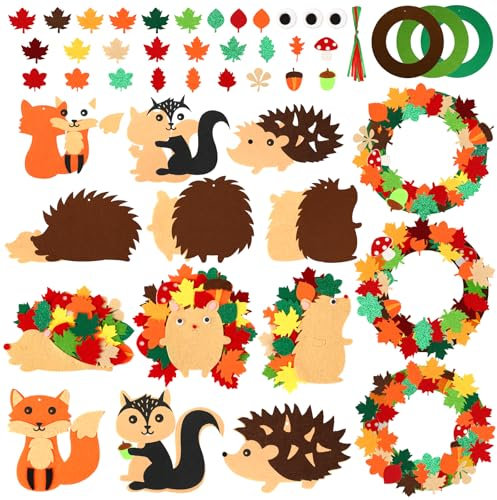 SEPGLITTER Filz Bastelset für Deko, 9 Stück Herbst Basteln für Kinder mit Moosgummi Schablonen Herbstkranz Igel Eichhörnchen Fuchs Herbstblätter Erntedank Basteln für Kinder Jungen Mädchen Festliches