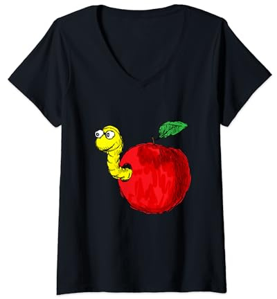 Damen Roter Apfel mit Wurm Obst Frucht Zeichnung T-Shirt mit V-Ausschnitt