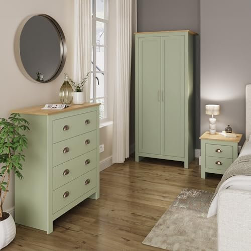 GFW Lancaster 3 Piece Bedroom Set Sage Geen Bedside Cabinet Chest Of Drawers Wardrobe