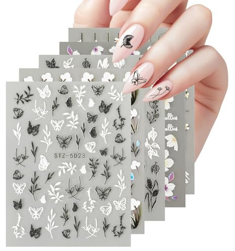5 BLATT 3D NAGELSTICKER GEPRÄGT SPITZE BLUME FRÜHLINGS WEISS BLUME SOMMER BLUMEN BLATT STEREOSKOPISCH SELBSTKLEBEND NAGELDESIGN ZUBEHÖR DEKORATION FÜR FRAUEN DIY NAIL ART