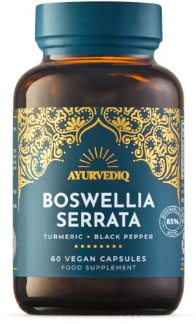 Ayurvediq Boswellia Serrata 400mg with Turmeric, 60 Vegan Capsules | Indian Frankincense, Shallaki, 65% Boswellic Acids, Purified Extract, With Whole Turmeric Root, Amber Glass