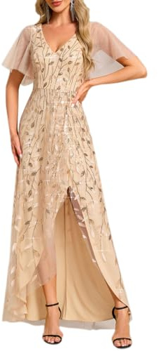 Ever-Pretty Women's Maxi Evening Dresses Sequin Embroidered Double V Prom Dress with Ruffles Sleeve Bridesmaid High-Low Dress Gold 12UK