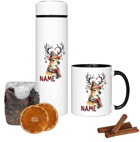 GRAZDesign Tee Geschenkset mit Namen Teebox Tasse mit Thermosflasche Weihnachten inkl. Tee und Box - Geschenkbox Hirsch lustig