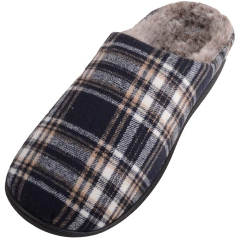 ABSOLUTE FOOTWEAR Mens Traditional Checked Open Back Mule Style Slippers with Faux Fur Lining - Navy - UK 8 / EU 42