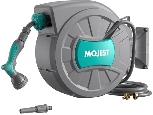 MOJEST Ausziehbare Gartenschlauchtrommel – 1,27 cm x 30,5 m Wandmontage, robuster Wasserschlauch mit 2 Schlauchtüllen, Dunkelgrau
