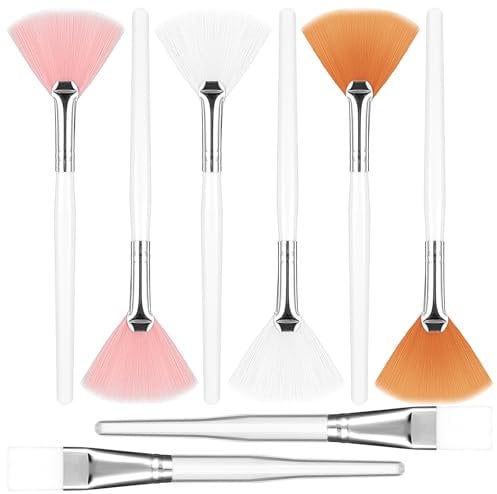 oruola 8pcs Soft Fan Brushes for Facials,Face Mask Brush Applicator,Makeup Brushes with Clear Plastic Handle for Applying Mask Mud Cream Makeup(Pink,Yellow,White)