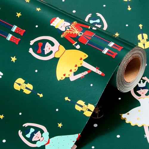 Wikadlik Grünes Weihnachts-Geschenkpapier - 43cm x 10m Metallische Goldfolie Nussknacker Mädchen Tanzend Geschenkverpackungspapier für Feiertag Party Feier