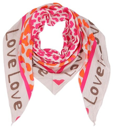 Damen Musselin Halstuch Made in Italy mit Leo Love Happy– Leichtes Dreieckstuch für Frühling & Sommer, Baumwolle, ca.195x85 cm (Love Beige Orange Pink)