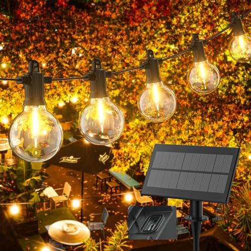 Kawaya Solar LED Lichterkette für Außen, G40 Glühbirnen, Warmweiß, mit Solarpanel Lichterkette Außen Strom LED Garten Lichterkette Aussen IP65 Wasserdicht mit 25+2 G40 Bruchsicher Glühbirnen Warmweiss