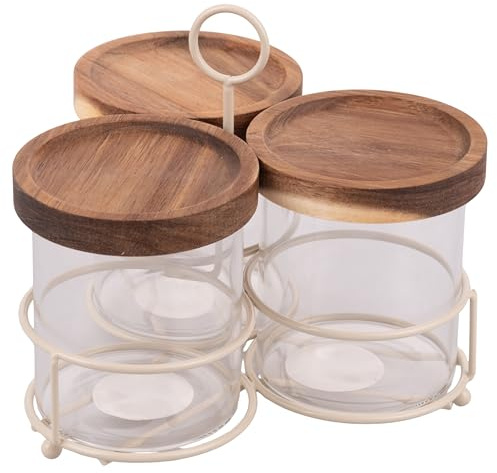Villa d'Este Home Tivoli 1996 Set mit 3 Vorratsdosen 390 ml aus Borosilikatglas, Deckel aus Akazienholz und Ständer aus Eisen, 4 Töne