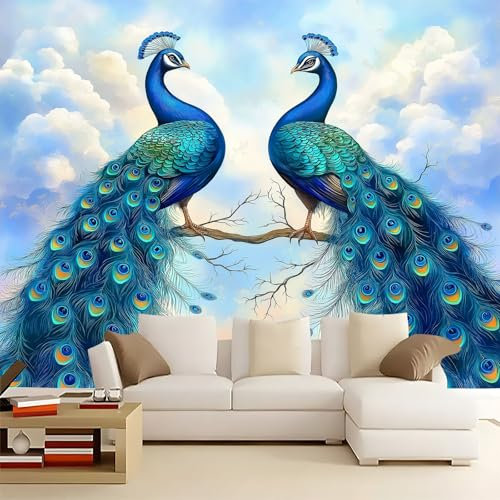 Papier Peint Panoramique oiseau paon bleu 400x280 cm Papier Peint Intissé Mural, Poster Geant Mural 3D, pour Salon Chambre d'enfants restaurant Décoration Murale