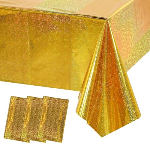 3 Stück Laser Holografisch Tischtuch Gold Rechteckige Wasserdicht Glitzer Tischdecke, 137x274cm Laser Folie Plastik Tischdecken für Party Geburtstag Hochzeit Dekoration Metallische Tischfolie