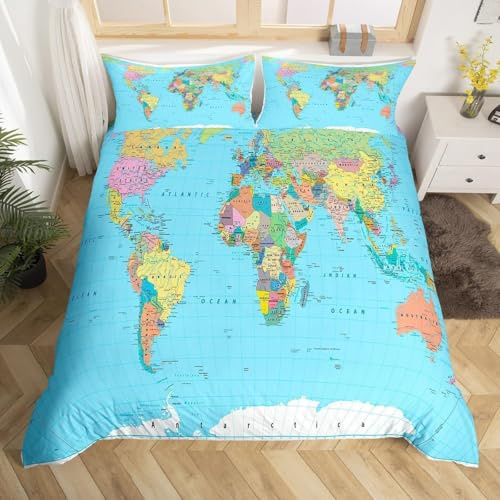 Weltkarte Bettwäsche 135x200 cm Fünf Kontinente Bettwäsche-Sets Superweich Mikrofaser 3 Teilig Haben 1 Bettbezug und 2 Kissenbezüge 80×80cm mit Reißverschluss L.1381