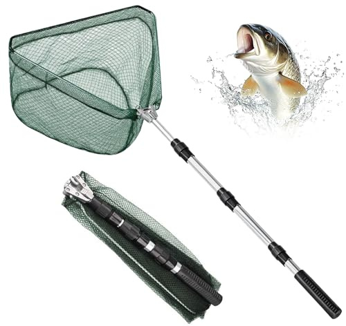 Kescher Angeln, 126cm Teleskop Unterfangkescher mit Rutschfestem Griff Faltbare Angelkescher Fischkescher Angelzubehör für Teich Bäche Seen Bootsangeln von Fischen Geflügel