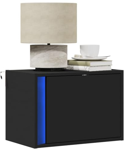 Owoxanthellate Wand-Nachttisch Schwarz 50 x 31 x 35 cm aus Holzwerkstoff mit RGB-LED Beleuchtung Modernes Design Stauraum Schublade platzsparend für Schlafzimmer Wohnzimmer Flur