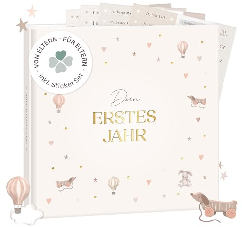 mintkind® Mein erstes Jahr Babyalbum Pattern + Sticker-Set, 176 Seiten | Sanftes Babytagebuch für wertvolle Erinnerungen im ersten Lebensjahr – liebevoll gestaltetes Hardcover