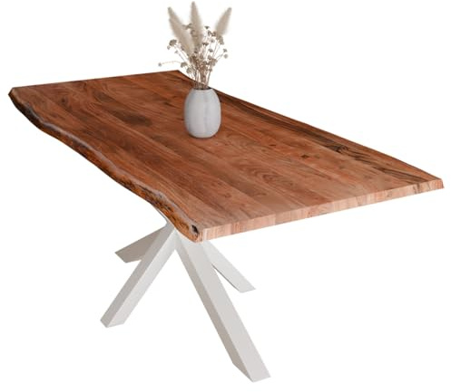 Liadomo Esstisch 140x80 Diala Nuss, Baumkantentisch, Baumkante, Akazie Massivholz Tisch, 35 mm Tischplatte lackiert, Robust & Pflegeleicht, Unikat, Spider-Gestell Metall weiß