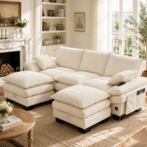 Jaxenor 3 Sitzer Modular Sofa mit 2 Hocker, 260x132x84cm, Cord Couch mit Stauraum, USB-C-Anschluss und Seitentaschen, U-Förmiges Wohnzimmer Couch für Büro und Lounge, Beige