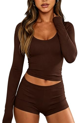 Dressmine Ladies Pyjamas Sexy Pjs for Women Sets U Neck Long Sleeve Shorts Ribbed 2 Piece Outfits y2k Lounge Wear
