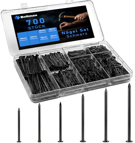 Boltmax 700 Stück Stahlnägel Set, Nagel Set aus Stahl, 20mm bis 50mm | Lange und Kurze Nägel, Schwarze Nägel für Heimwerker, Bilder aufhängen, Holzarbeiten, Dekoration