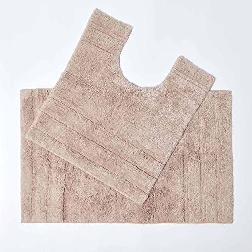 Homescapes 2-teiliges Badematten Set Spa Supreme bestehend aus Duschvorleger 50 x 80 cm und WC Vorleger 50 x 55 cm aus 100% Reiner Baumwolle beige