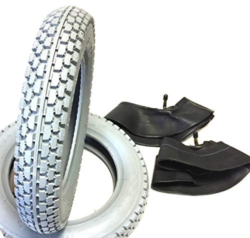 Rollstuhlreifen 2.50-8 grau, 2 Stück + 2 Stück Schlauch | Winkelventil, Kräftiges Blockprofil, Stabiler Reifenaufbau mit Load Range B, Elektromobil, Scooter, E-Rollstuhl