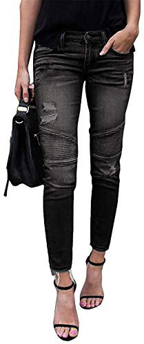 Minetom Jeans Damen Jeanshosen Röhrenjeans Skinny Slim Fit Stretch Boyfriend Zerrissene Destroyed Straight Denim Hose mit Löchern A Schwarz EU L