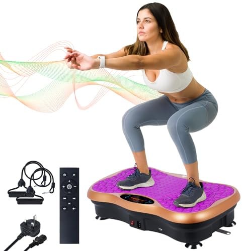 EVOLAND Vibration Plate Exercise Machine, Vibration Fitness Trainer with Bluetooth Speaker 5 Program Modes 2 Resistance Bands, Home Exercise Equipment for Fitness Body Toning-Purple
