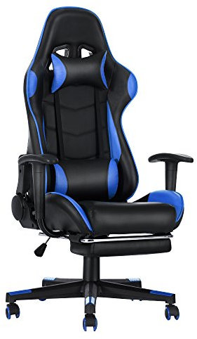Gaming Chair, Racing Style Office High Back Ergonomic Conference Work Chair Reclining Computer PC Swivel Desk Chair 170 Degree Reclining Angle with Headrest, Lumbar Cushion & Footrest (Blue)
