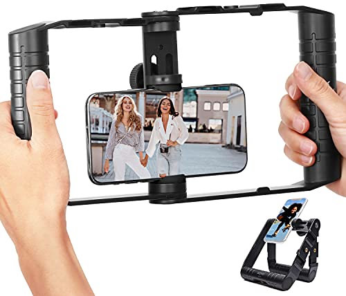 Movo SPR-20 Faltbarer Smartphone Video Rig Cage mit Cold Shoe Mount für Mikrofon oder LED-Licht - Vlogging Mount kompatibel mit iPhone, Android - Smartphone Video Stabilisator Grip - Filmausrüstung