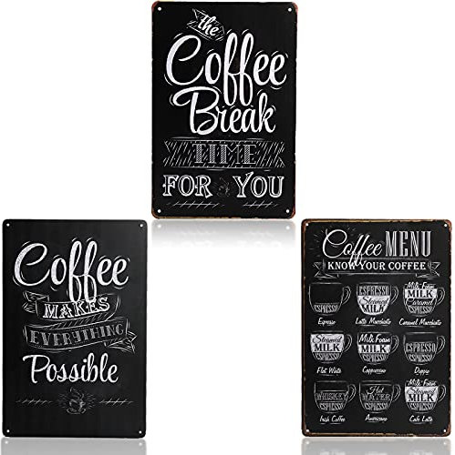 ZOOFOX 3 Stück Coffee Menu Blechschilder Vintage Blechschild Kaffee Poster 30,5 x 20,3 cm Wandschild Retro Metallschild für Geschäft, Bar, Zuhause Wanddekoration