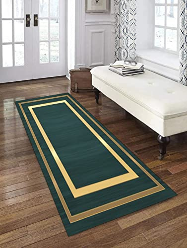 ZDOHMij Läufer Teppich Flur Grün Gold Korridor Modern rutschfest Designer, Küchenläufer TeppichLäufer Waschbar für Flur, Schlafzimmer, Wohnzimmer, Breite 60cm/ 70cm/ 80cm/ 90cm/ 100cm/ 120cm